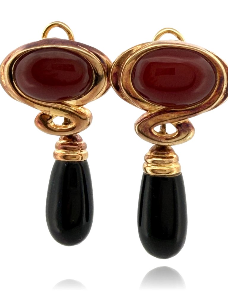 Kai-Yin Lo Red & Black Agate Earrings Vermeil Omega Clips 24g Estate